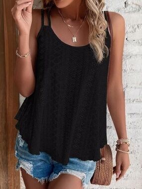 NWT Athmile Black Double-Strap Flowy Eyelet Tank Top - Size L (008)